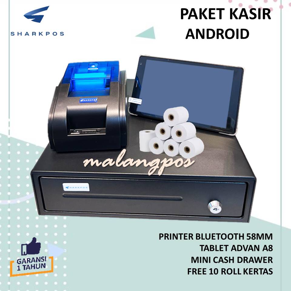 PAKET KASIR ANDROID - PRINTER KASIR 58MM BLUETOOTH - TABLET ADVAN A8 - CASH DRAWER