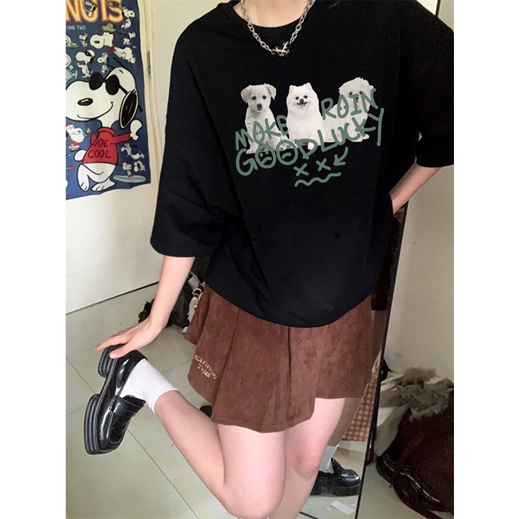 EUNII T-shirt Lengan Pendek Imut Anjing Pencetakan Longgar Korean Style/Kaos Atasan Wanita/Baju Kaus Oversize Wanita