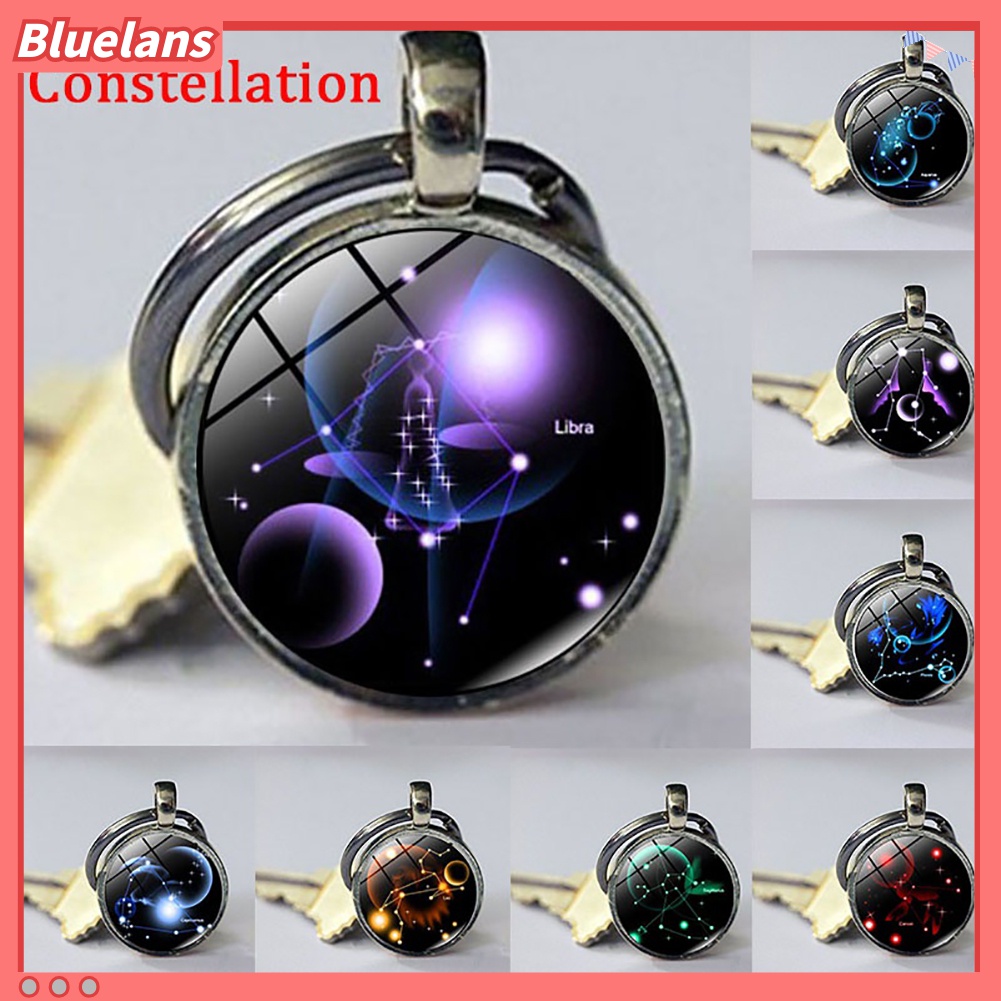 Gantungan Kunci Bentuk Bulat Motif 12 Zodiak Bahan Kaca