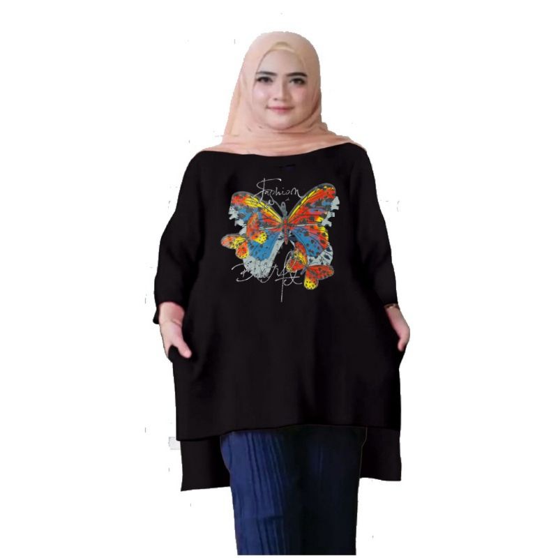 Tunik Wanita Oversize XXL LD 130 Cm Tangan 3/4 Bahan Kaos Babyterry . Baju Wanita Jumbo Atasan Tunik Dewasa Big Size Terbaru 2023 Kekinian Viral Murah butterfly