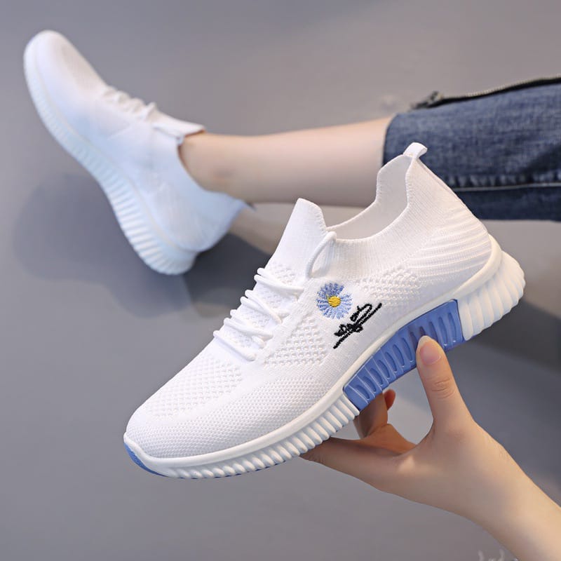 ☀ Sunly ☀ SP031(Tanpa Kotak) Sepatu Sneakers Wanita Putih Hitam Motif Bunga Sporty Model Korea Fashion Casual Sport Olahraga Import