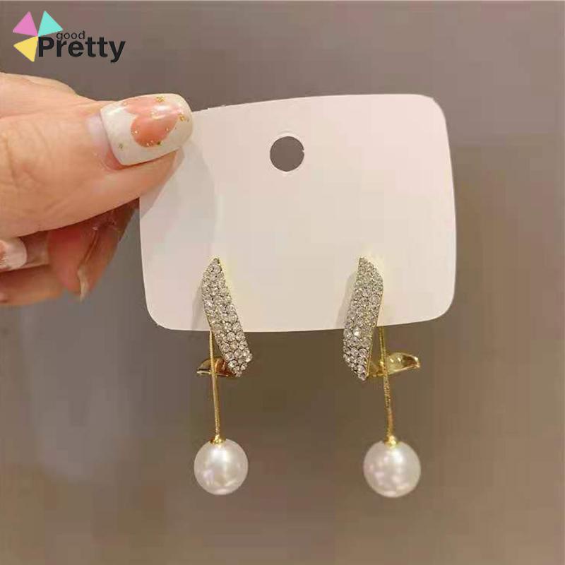 Elegan Berlian Mutiara Fashion Sederhana Temperamen Wanita Anting Rumbai Panjang - PD