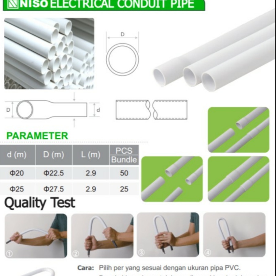 Pipa Conduit 20mm Niso Paralon Listrik Putih Niso Panjang 1,5M 20 mm