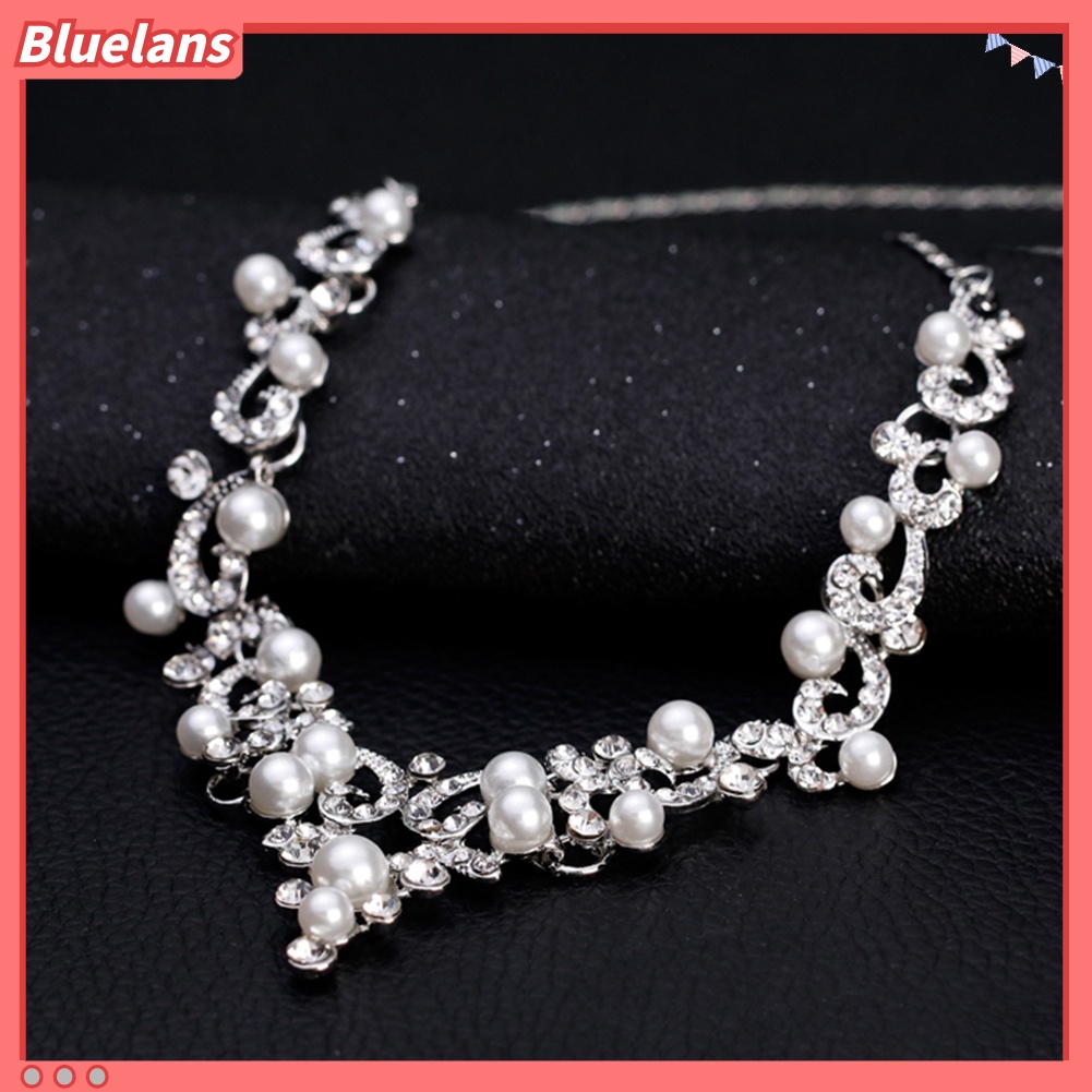 Bluelans Fashion Alloy Rhinestone Faux Pearl Necklace Earrings Women Bride Jewelry Set