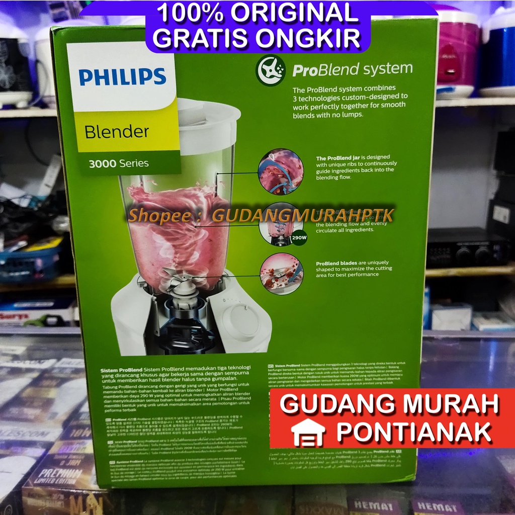 Blender Philips Original Pro Blends ASLI KUAT dan AWET HR2042 3000 Series Blender 290W Plastic / plastik WARNA PUTIH