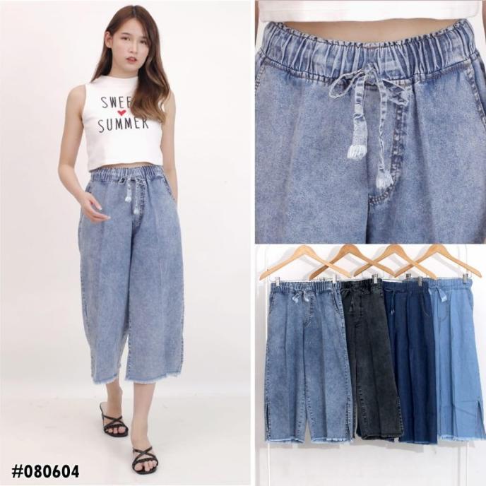 Celana Pendek 7/8 Kulot Boyfriend Jeans Wanita Rumbai Pinggang Karet Termurah