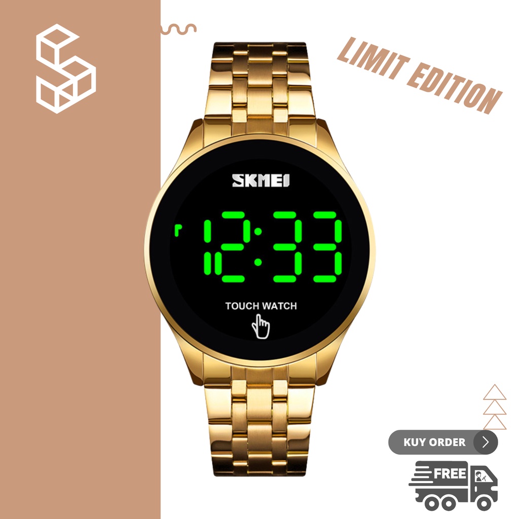 Jam Tangan Pia Digital Skmei Fashion Style Water Resistance Anti Air Tali Stainless Warna Hitam Gold