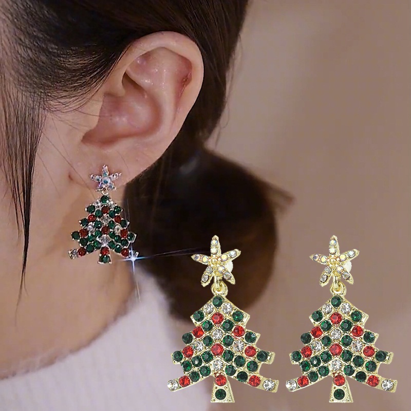 1 Pasang Anting Stud Zircon Kristal Berlian Imitasi Bentuk Pohon Natal Gaya Vintage Untuk Wanita