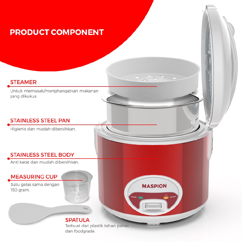 MASPION MRJ 1808 MS RICE COOKER MAGIC COM PANCI STAINLESS MERAH 1.8 L  MRJ 1808MS  Maspion MRJ 1808 SS Stainless