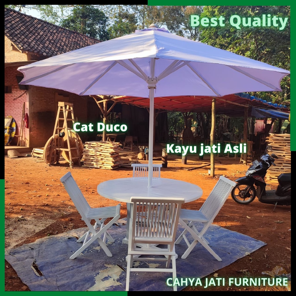 Jual Meja Payung Taman Cafe Outdoor Cat Putih Bahan Kayu Jati Asli Dari