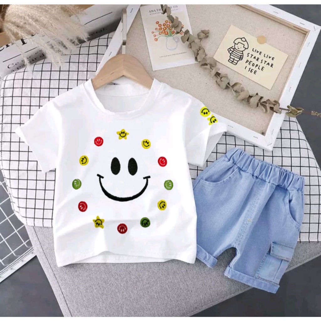 PROMO-SETELAN BAJU ANAK LAKI-LAKI DAN PEREMPUAN MUSIM PANAS SETELAN BAJU CELANA PENDEK DENIM SMILE UMUR 1-5 TAHUN