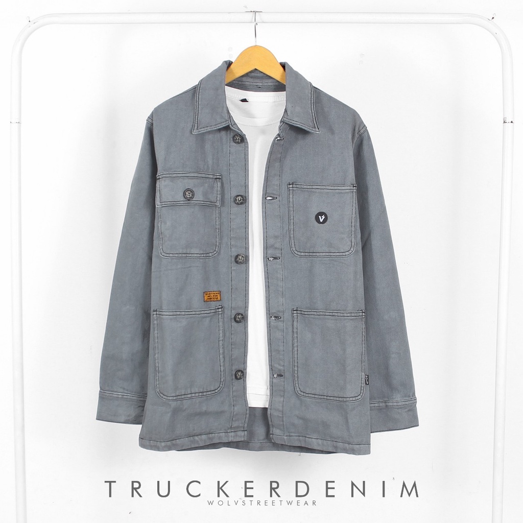 JAKET PRIA-KEMEJA PRIA JEANS TRUCER DENIM PREMIUM WOLV WARNA GREY SIZE M,L,XL TERBARU