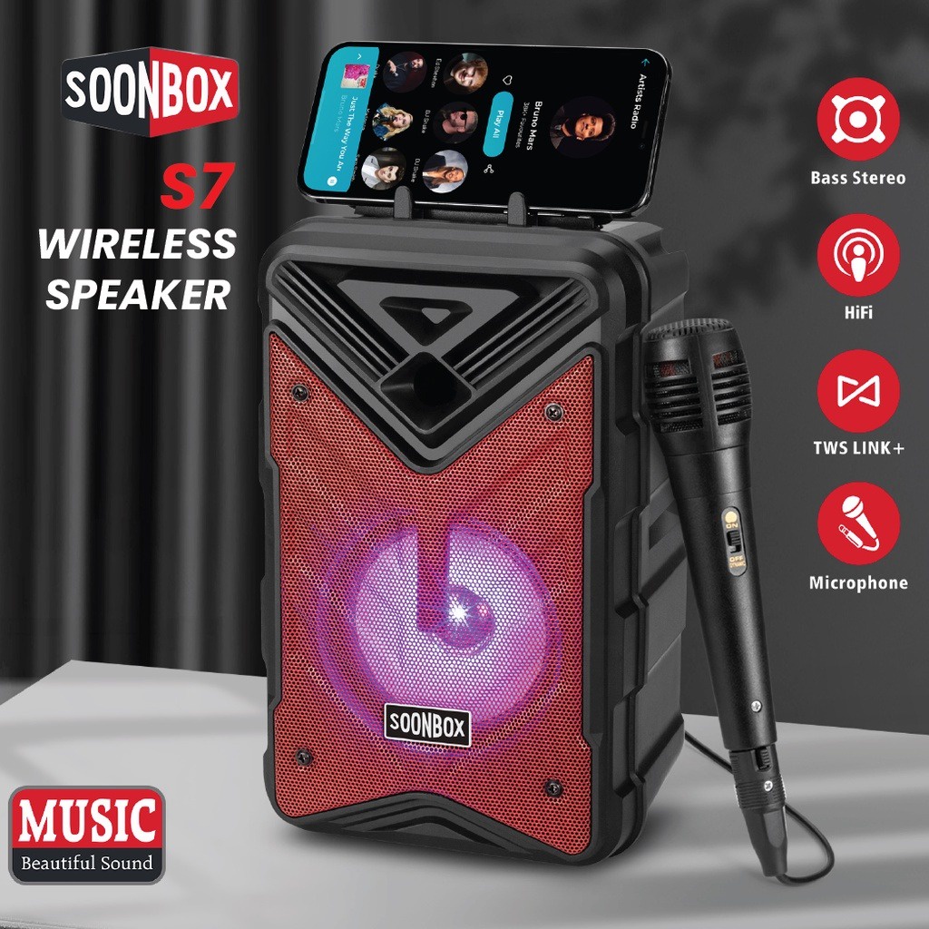 SPEAKER SOONBOX S5 S6 S7 + MIC KARAOKE BLUETOOTH 25CM WIRELESS SPEAKER PORTABLE SPEAKER MUSIC BOX BLUETOOTH