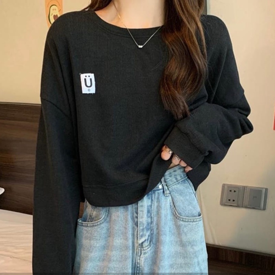 Sweater Crop Wanita Give U Smile  - Korean Sweatshirt Basic U Crope