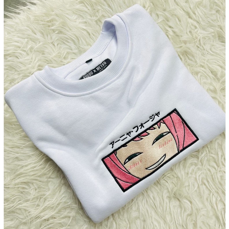 Crewneck Anya Smirk Embroidery White Anime Manga Spy X Family Premium Unisex