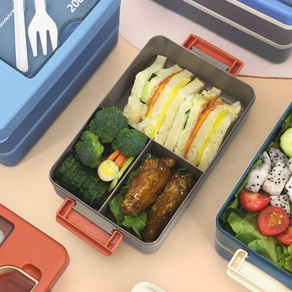 Top Lunch Box Microwavable Rectangle Grid Dengan Sendok Wadah Makanan