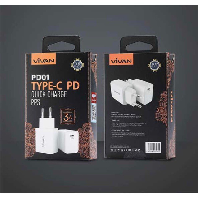 PROMO BATOK ADAPTOR Vivan PD01 Type-C PD Quick Charger 3A Output Charger / VIVAN CHARGER POWER DELIVERY TYPE C PD01 WITH FAST CHARGING