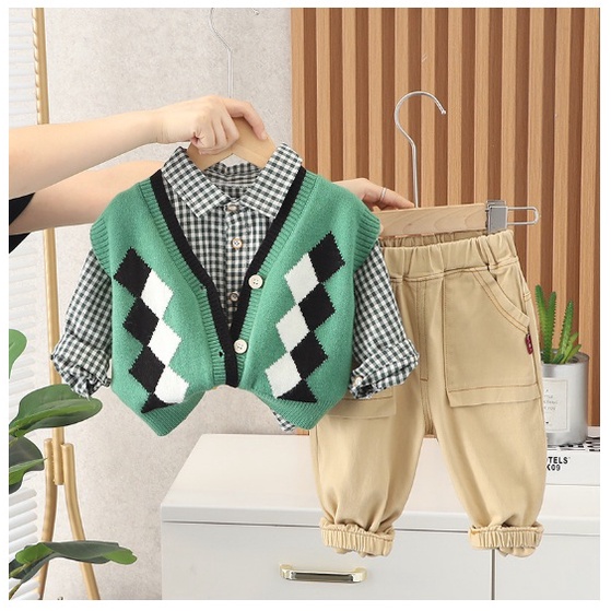 setelan anak laki laki import 3 in 1 | baju anak laki laki import | set baju anak laki KEMEJA KOTAK KECIL GREENCREAM