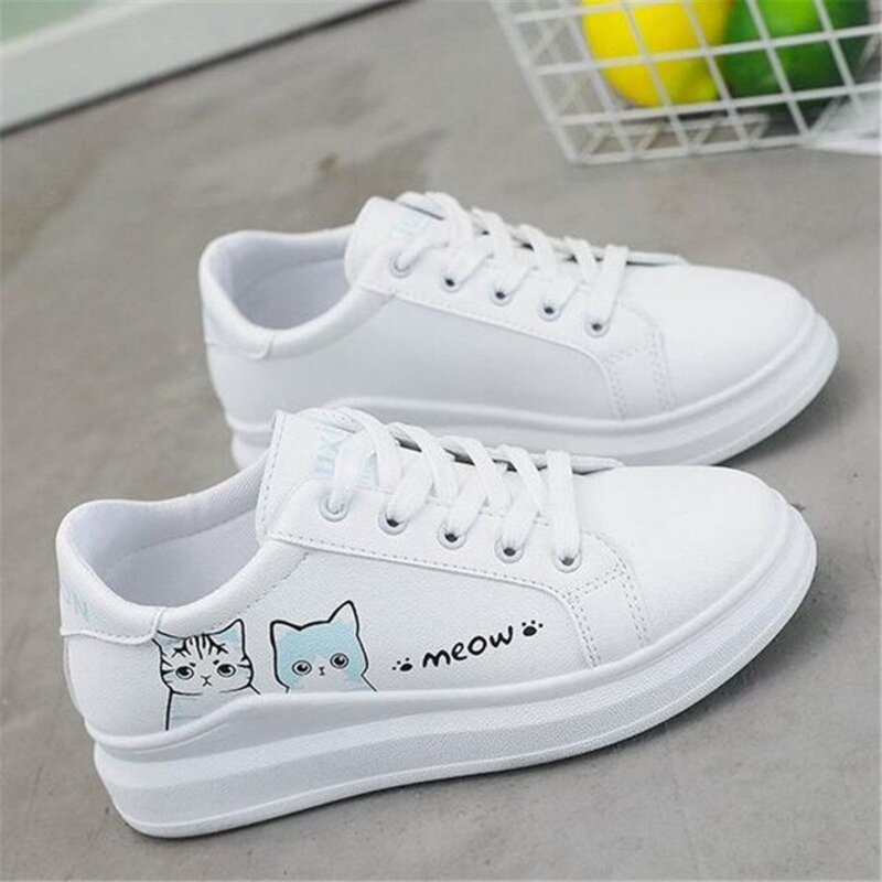 SEPATU SNEAKERS WANITA KASUAL MEOW LUCU / SEPATU WANITA FASHION SEKOLAH PUTIH KEKINIAN COD