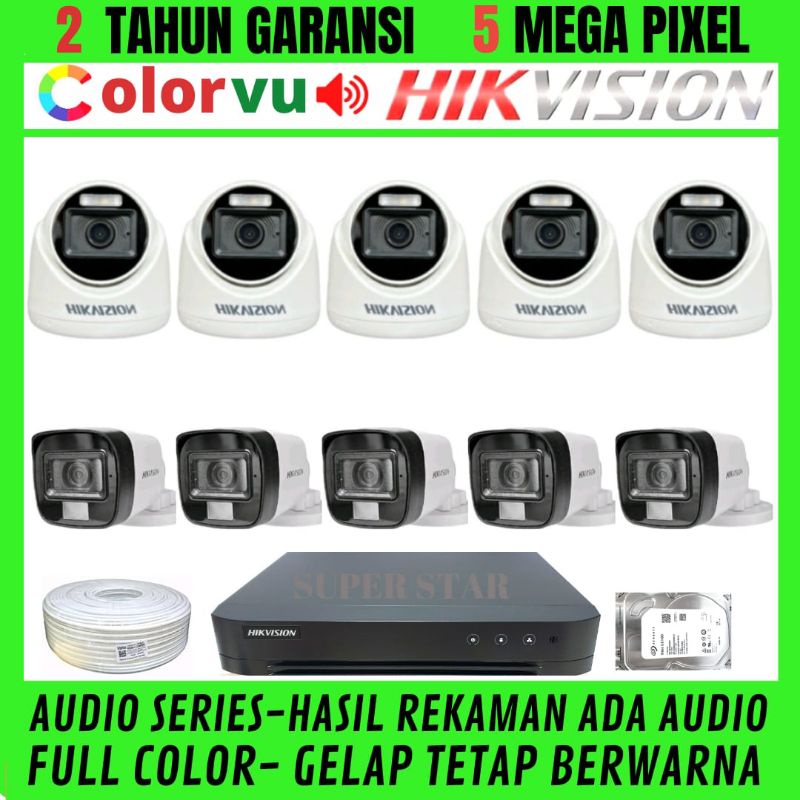 PAKET CCTV HIKVISION COLORVU 16 CHANNEL 10 KAMERA 5MP AUDIO  FULL COLOR SIANG MALAM BERWARNA