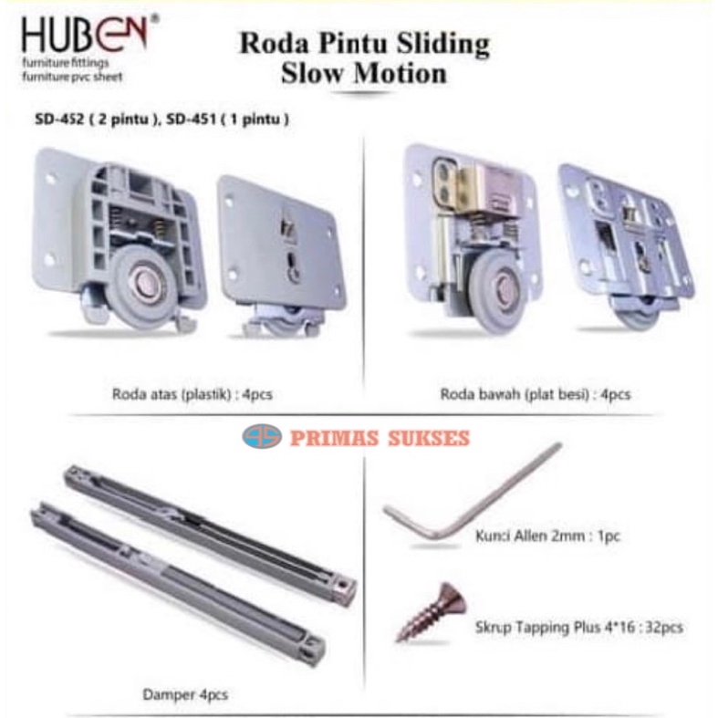 RODA SAJA Tanpa Rel Pintu Lemari Sliding Geser Slow Motion Huben SD452 (2 Pintu)