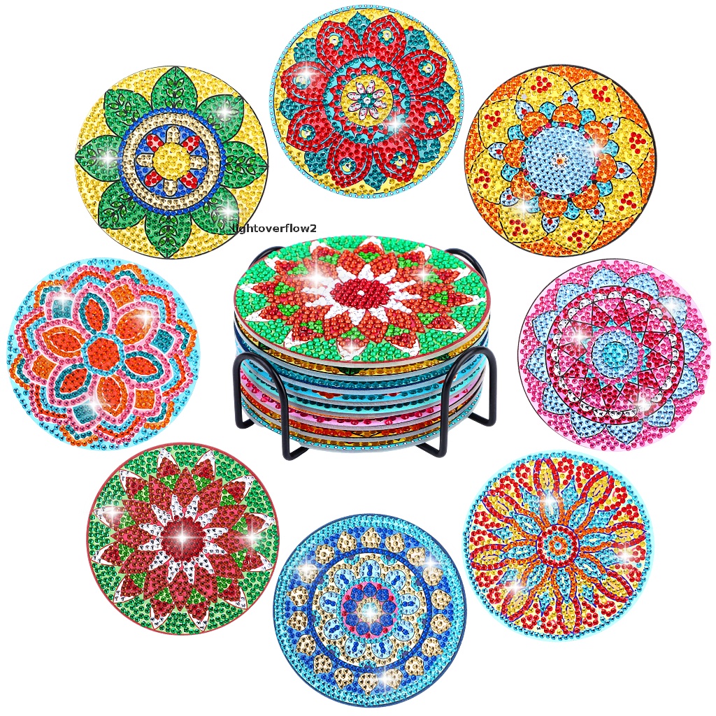 (lightoverflow2) 8 Pcs Coaster / Tatakan Gelas Motif Mandala Aksen Berlian Untuk Dekorasi DIY