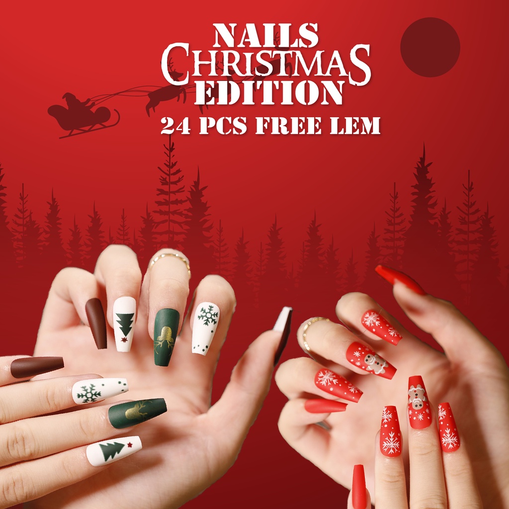 [ COD ] 24 Pcs Kuku Palsu Motif Natal Free Lem 2gr/Fake Nail  3d Kuku Palsu Christmas  Untuk Manicure