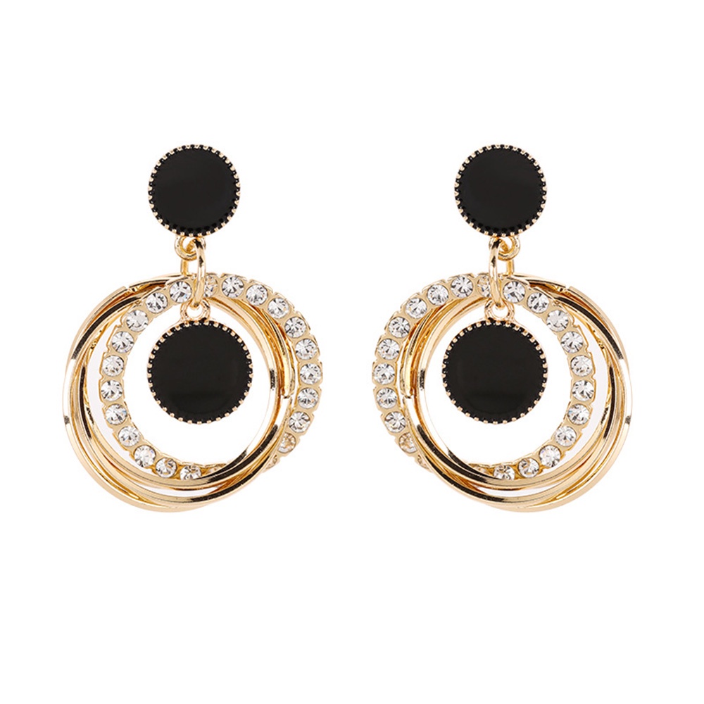 Anting Tusuk Gantung Desain Geometri Bulat + Bintang Warna Gold / Hitam Hias Kristal Untuk Wanita