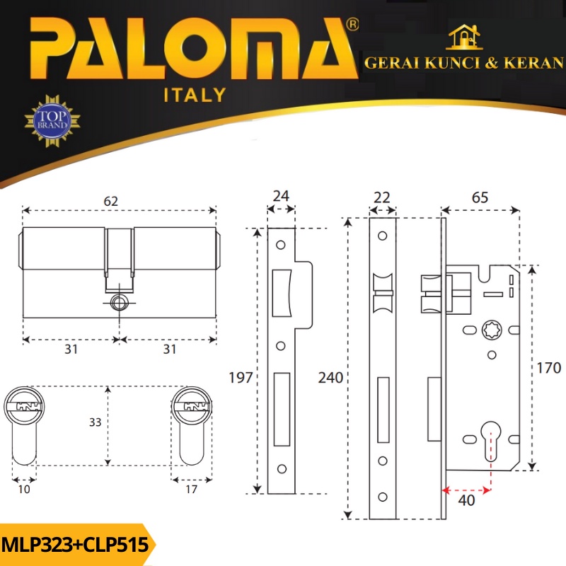 PALOMA MORTISE LOCK SET CYLINDER MLP 323 CLP 515 BODY KUNCI SWING BACKSET 40MM CYLINDER 62MM KOMPUTER KEY ANTQUE