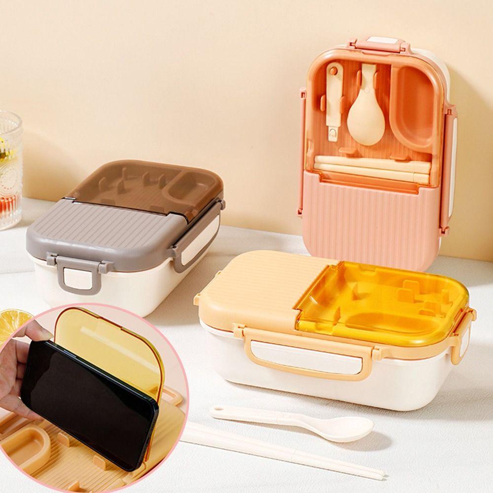 Preva Lunch Box Microwavable Dengan Sendok Sumpit Persegi Panjang Grid Wadah Makanan