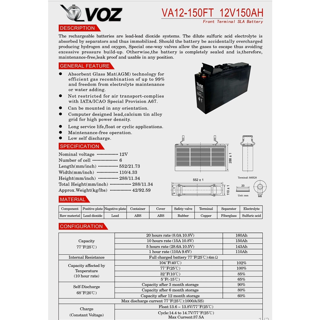 Baterai Backup PLTS VRLA Deepcycle Front Terminal VOZ 12 V 150 AH