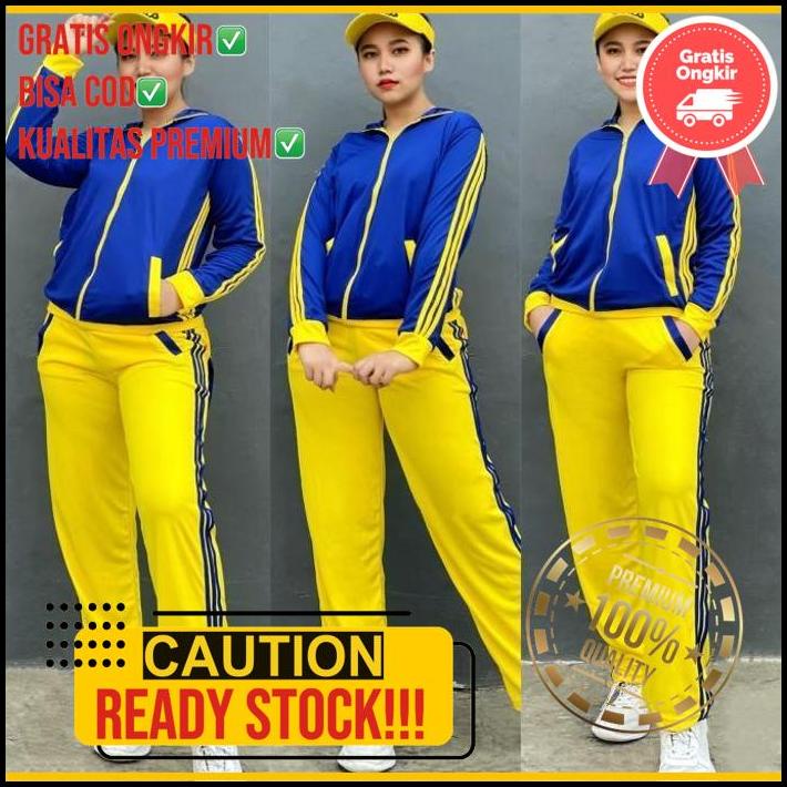 Setelan Baju Senam Lapangan Adidas Biru Kuning Zumba Aerobik Hijab