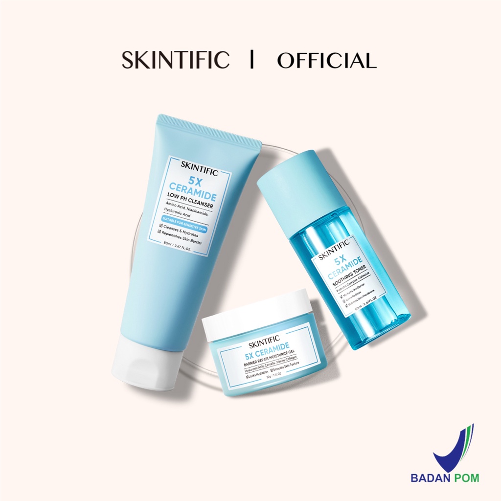 SKINTIFIC - 5X Ceramide Low pH Cleanser Gentle Cleanser 80Ml Sabun Cuci Muka Pembersih Face Wash &amp; 5X Ceramide Barrier Repair Moisturize Gel Moisturizer 30G Pelembab Wajah &amp;  5X Ceramide Soothing Toner 80ml