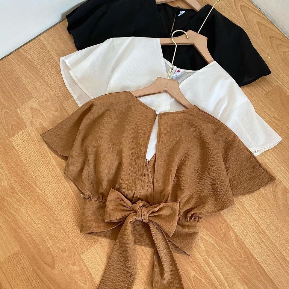 Terpercaya Vallina Outfit - Femei Outer Blouse Slit Back Self Tie Wrap Crop Top Atasan Wanita Korean