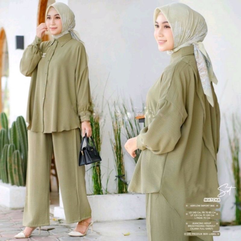 [Bisa COD] One Set Wanita Crinkle Airflow Setelan Kemeja Celana Kulot Hw Highwaist Panjang Terbaru L
