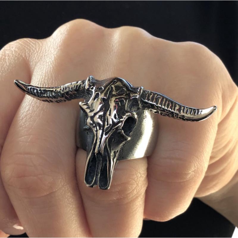 Cincin Lapis Silver Desain Kepala Banteng Gaya Vintage Nordic Rock Untuk Pria