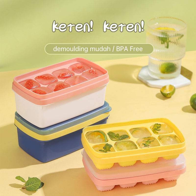 POTE Cetakan Es Batu 8 Tray Silikon Model Tekan Wadah Box Sekop Es Press Type Ice Cube Making Box Ice Storage