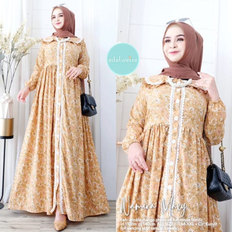Gamis Namira Maxy//Gamis Wanita Terbaru//Gamis Bahan Crinkle Mango Premium Full Renda Bordir//Gamis 