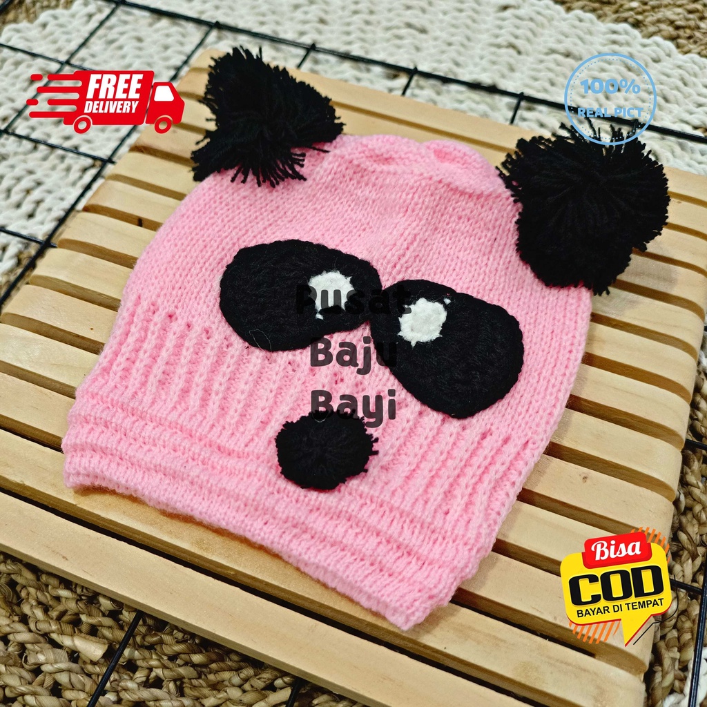 Topi Bayi Kupluk Rajut Premium Panda / Topi Rajut Pompom Panda / Topi Pompom Baby Boy Baby Girl Motif Panda