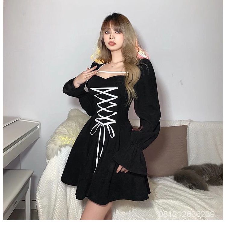 Gaun liar lengan engah hitam manis dan pedas retro Prancis