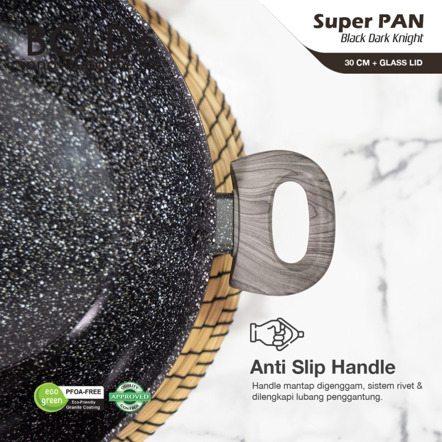 Wajan Tutup Kaca BOLDe Super Pan 2 Ear / Kuping Wok Pan Granite 30 CM + LID Black Dark