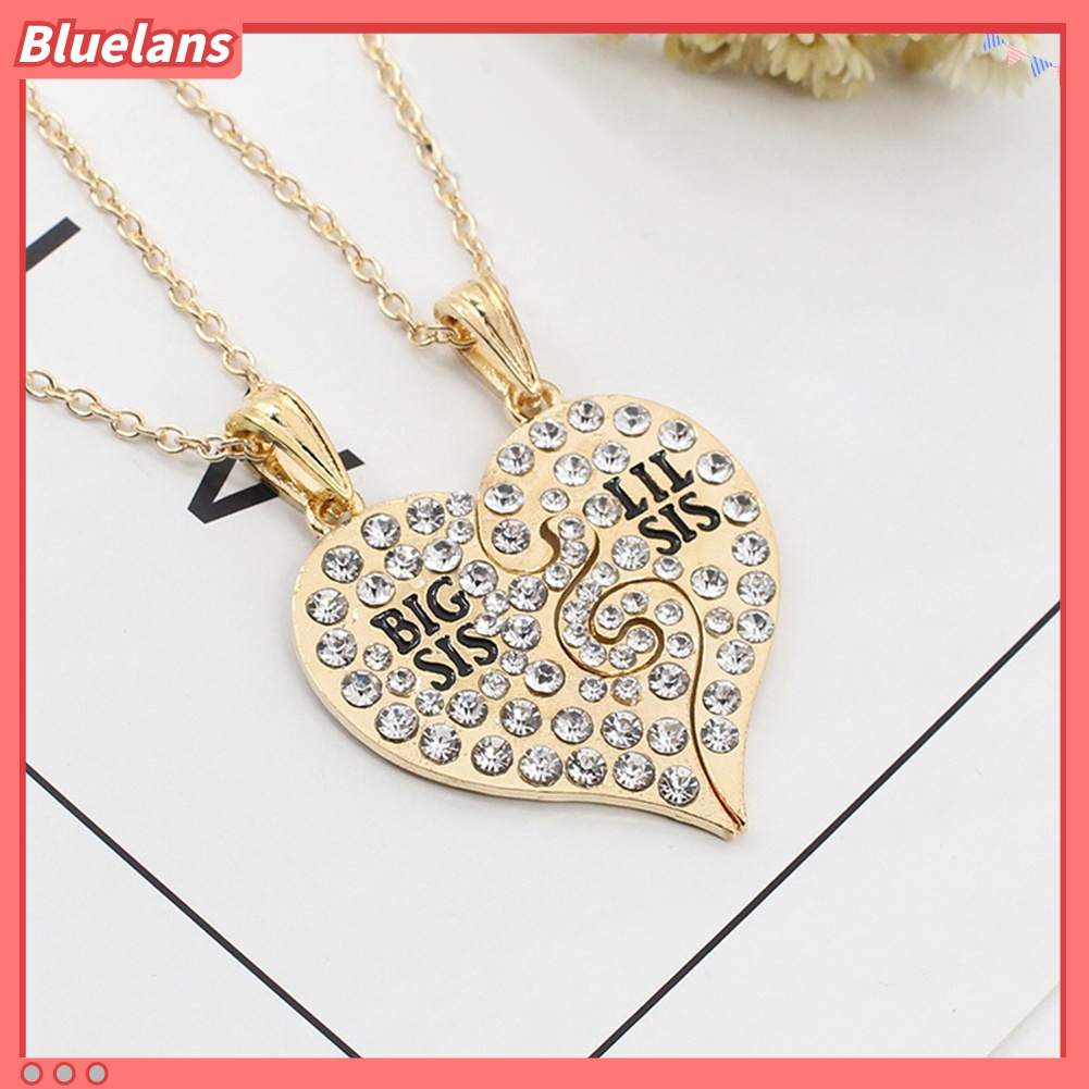 2pcs Kalung Bentuk Hati Motif Tulisan Big Little Sister Aksen Berlian Imitasi