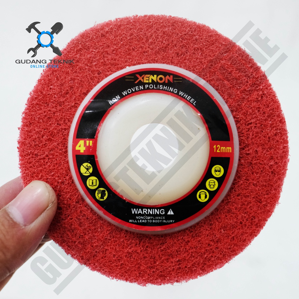 Batu Gerinda Grenda Poles Non Woven Wheel Merah Stainless 4&quot; XENON / Mata Batu Gerinda Asah Stainless 4 Inch x 12mm XENON