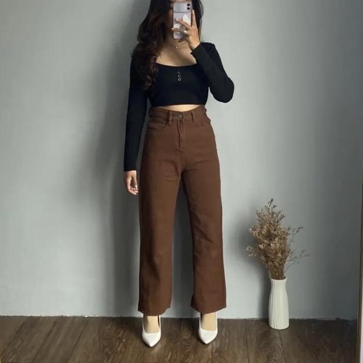 New Sale Sevins - celana panjang highwaist kulot jeans army coklat/kulot jeans wanita