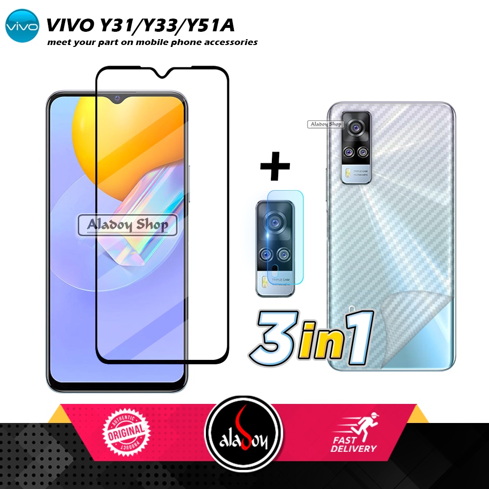 PROMO 3 IN 1 PAKET Tempered Glass Vivo Y31/Y33/Y51A Free Tempered Glass Camera dan Skin Carbon