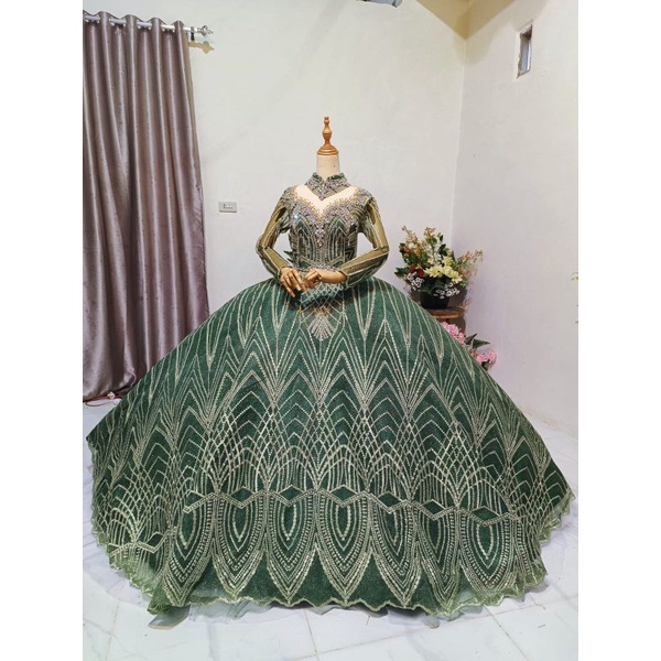 GAUN PENGANTIN MEWAH/GAUN PENGANTIN HIJAU BOTOL