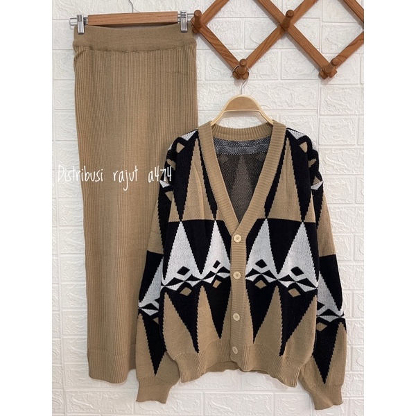 ONESET CARDIGAN RAJUT ARGYLE SETELAN KULOT DAN ROK RAJUT PREMIUM