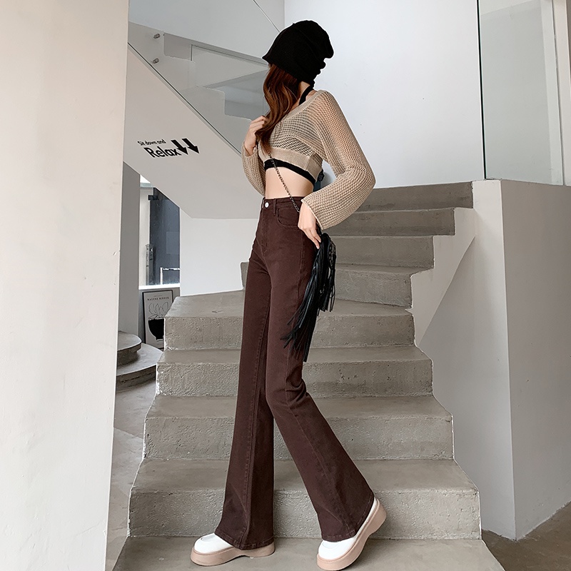 New coklat high waist murah stretch celana jeans panjang wanita