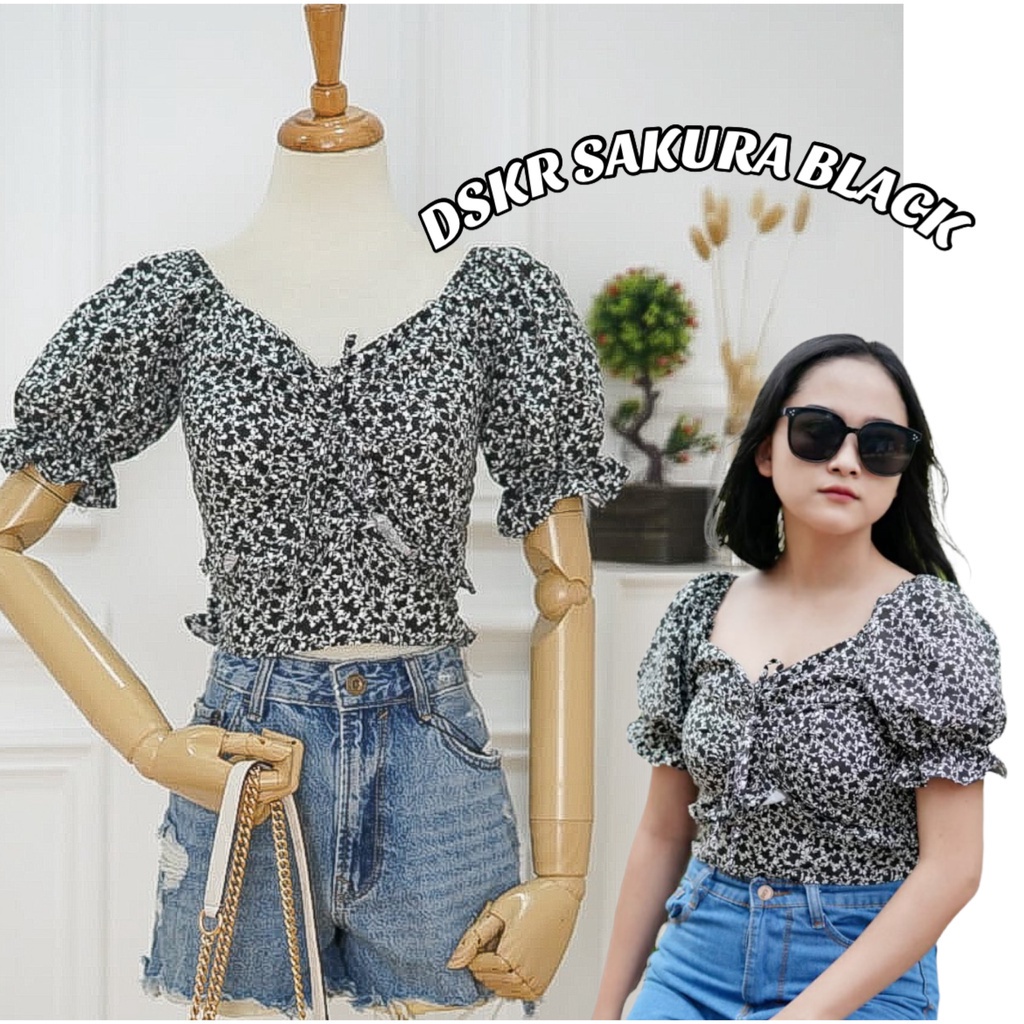 Tq88indonesia Fashion Baju Atasan Wanita Floral Terbaru / DEROSE SMOCK SABRINA TOP / Blus / Blouse Casual / Ootd Kekinian