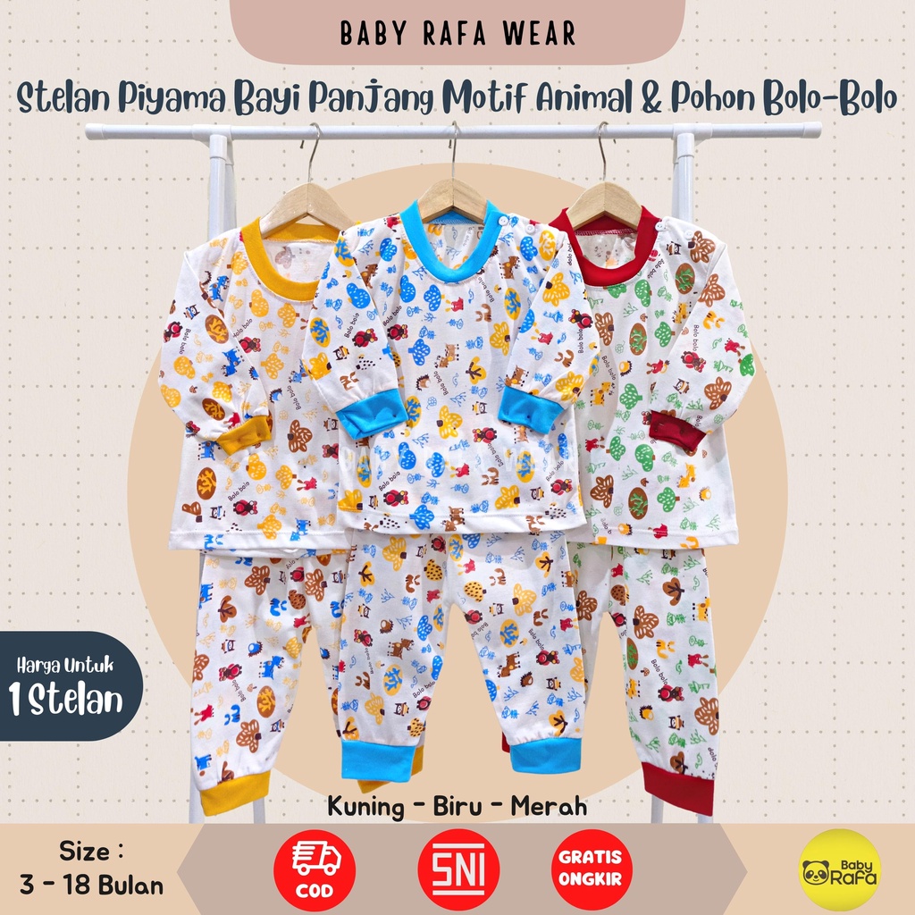 Setelan Piyama Baju Bayi Panjang 3 - 18 Bulan merk Bolo - Bolo SNI motif ANIMAL DAN POHON